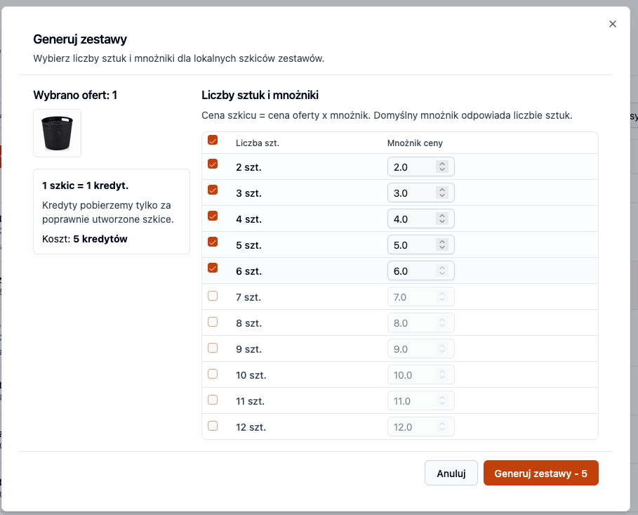 Generowanie zestawów w Sales Optimizer